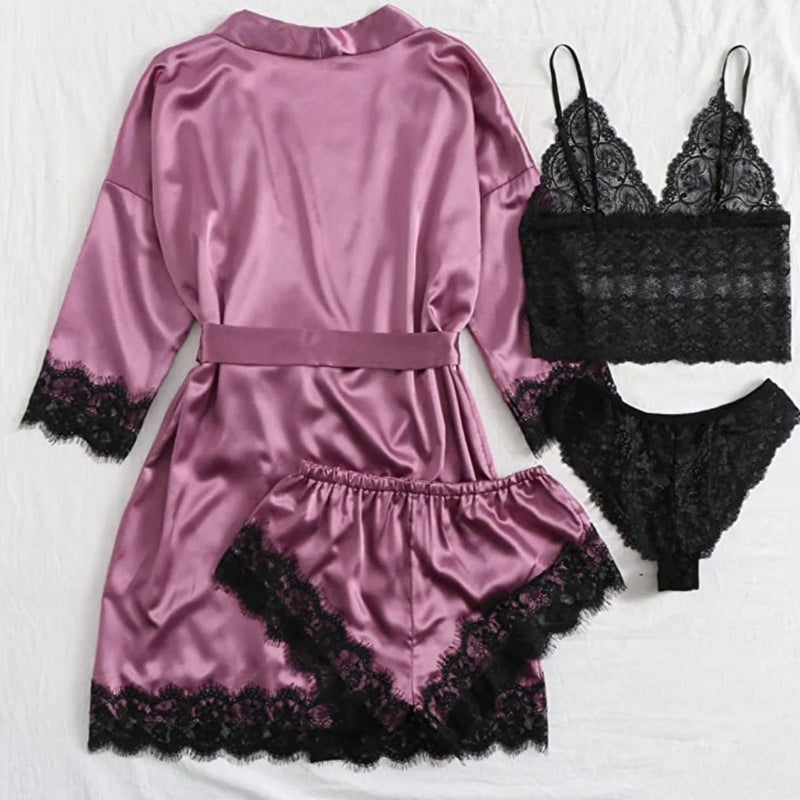 Women's Pajama Fashion 4-piece Set Lace Satin Strap Sexy | SAMAG