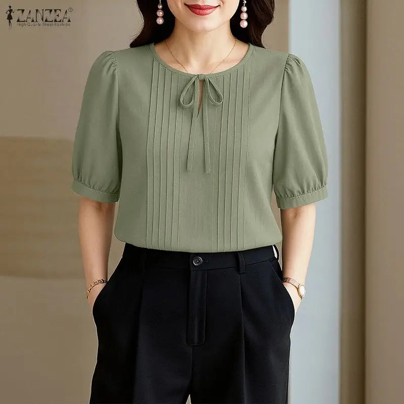 ZANZEA Elegant Solid Color Woman Blouses Lace Up O - Neck - View 7 | SAMAG