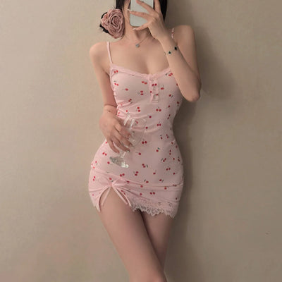 Trendy Pink Cherry Print Dress Women's Cute Fitted | SAMAG