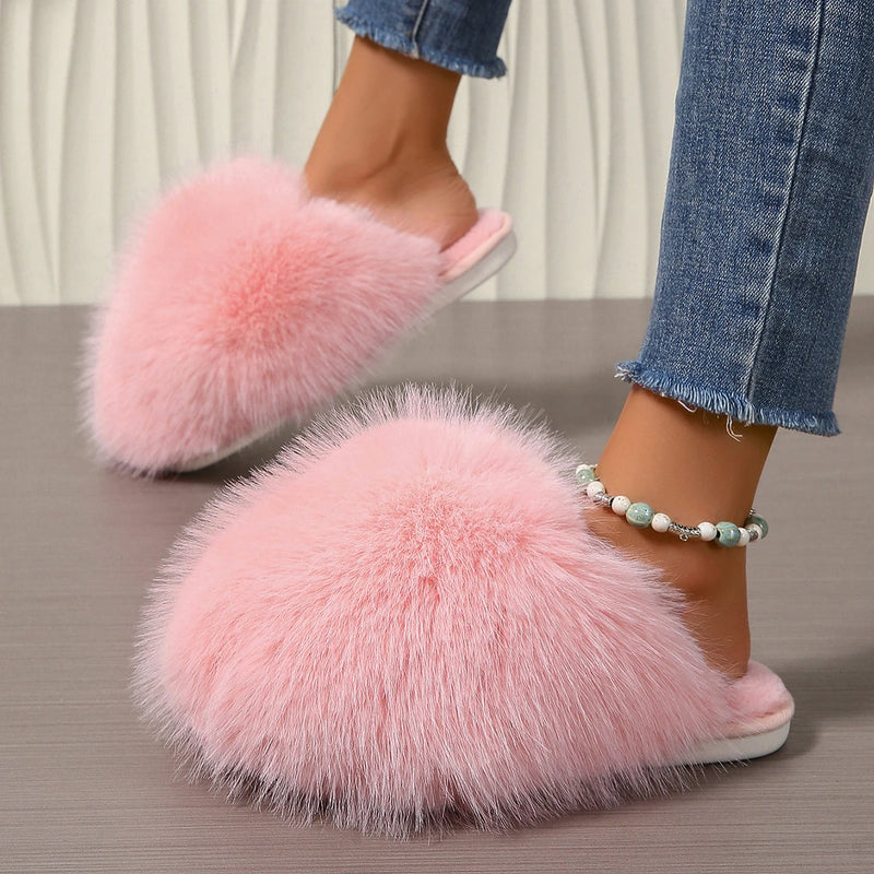 Women Indoor Slippers Winter Faux Fur Home Shoes Women 2025 New Soft Sole Fashion Warm Fluffy Slippers Solid Baotou Slides Women