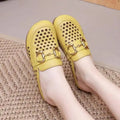 Women's Hollow Out Mules Summer Closed Toe Slippers Soft Leather Sole Horsebit Loafers Breathable Outdoor Flat Lazy Slides