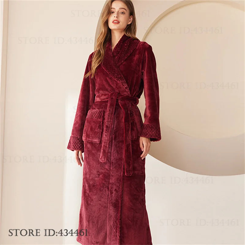 Large Size Flannel Men's Long Robe Kimono Gown Winter Thicken Sleepwear Loungewear Loose Coral Fleece Couple Pajama Home Clothes