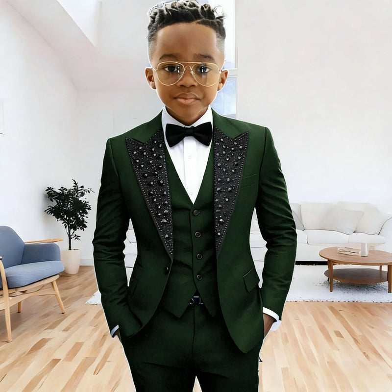 Black Suit for Boys Evening Party Tuxedo Kids Wedding Beaded Crystals Suit 3 Piece Boy Suit Jacket Pants Vest Formal Prom Dress