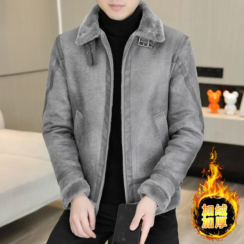 Winter Fur Leather Jacket Men Lapel Motorcycle Jacket Plus Velvet Padded Warm Casual Streetwear Social Coat Men Clothing
