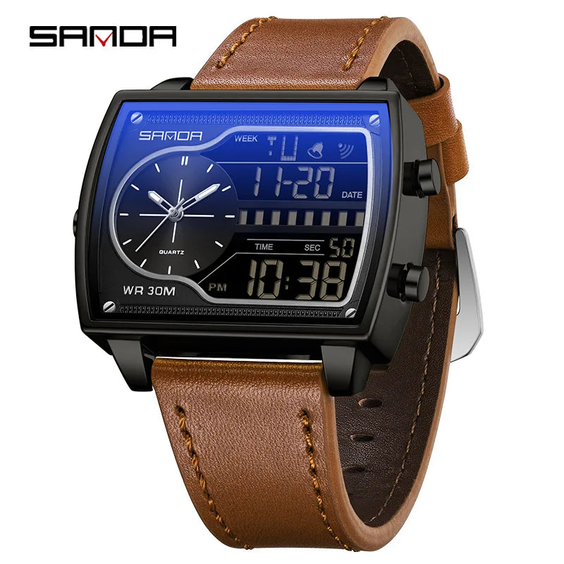 Sanda Men's Watch Fashionable Multifunctional Luminous Waterproof，Three Time Zones, Alarm Clock, Dual Display Electronic Watch