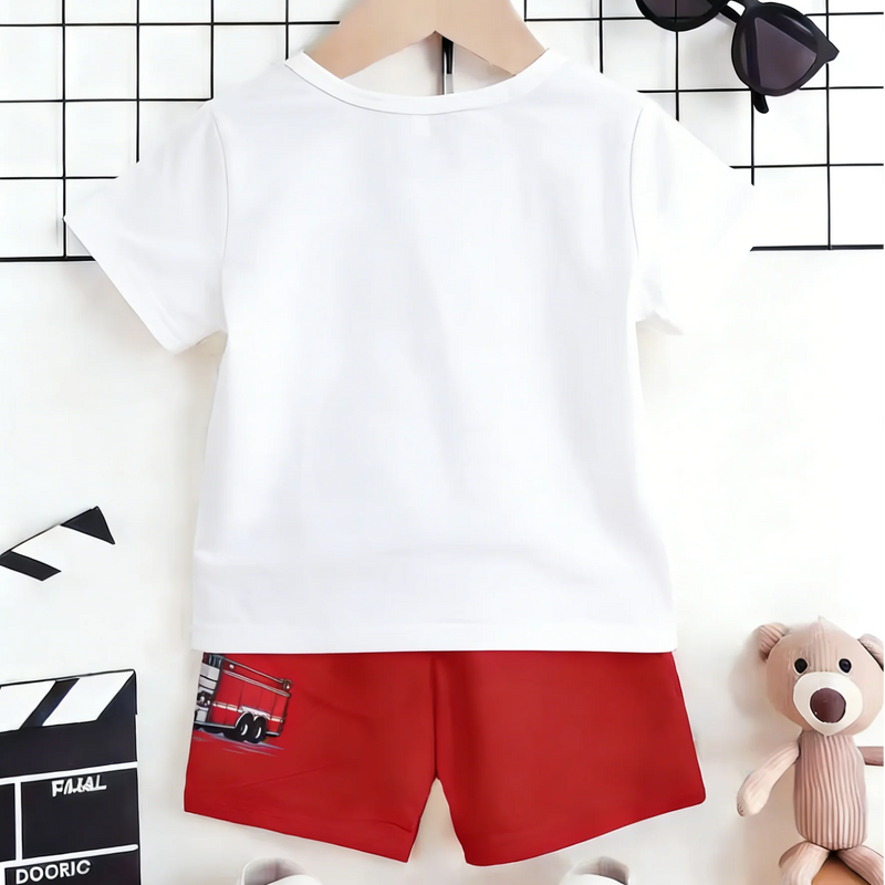 Summer Boys White Red Color Block Fire Truck Print Short - View 2 | SAMAG