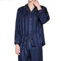 Birdtree 100% Silk Pajamas Sets Men Homewear Male Casual Striped Long Sleeve Loungewear Pant 2Piece Sleepwear S3N845QM