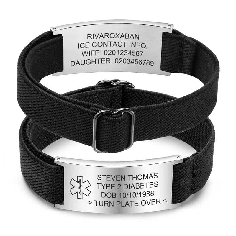 Personalized Medical Alert Bracelet for Men Customized Elastic Strap Stainless Steel ID Engraved Medic - Visuel 10 | SAMAG