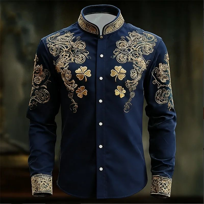 New Men's Floral Long Sleeved Shirt with Gold 3D Clover | SAMAG