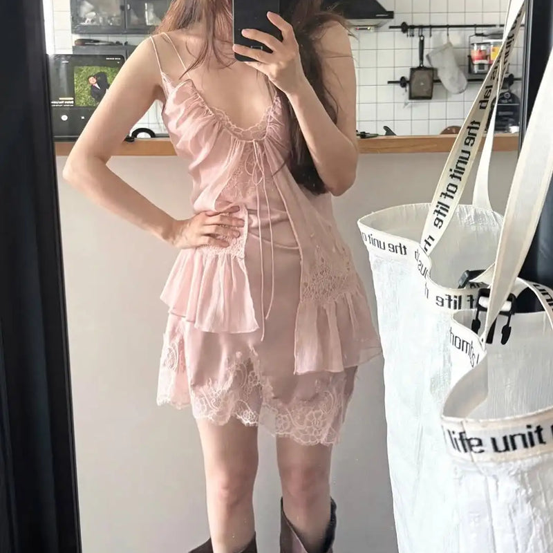 Romantic Lace Mini Dress For Women Spaghetti Strap V Neck Front Tie Layered Ruffle Hem Frock Vacation Dating Female Dresses