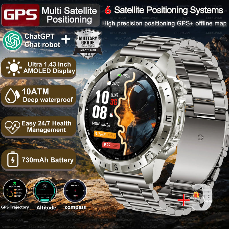2026New Military Tank GPS SmartWatch Offline Map 10ATM Swim 2GB RAM Music Altitude Compass Bt Call Fitness Sports Smartwatch Men