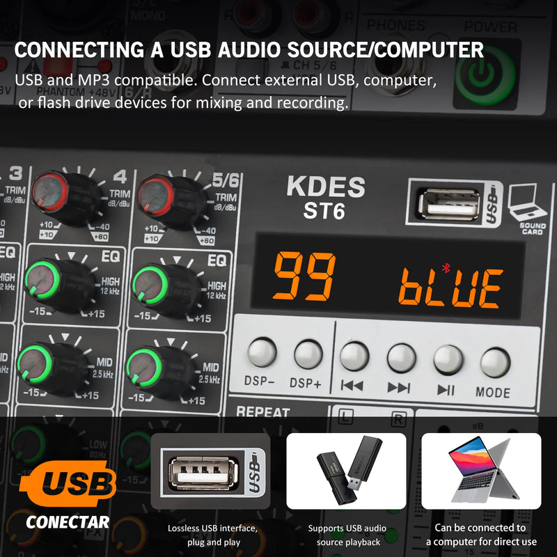 KDES Audio Mixer 4-6-8 Channel 99 DSP Effect Record PC 48V Phantom Power USB Sound Mixers Bluetooth DJ Console Mixing for Karaok