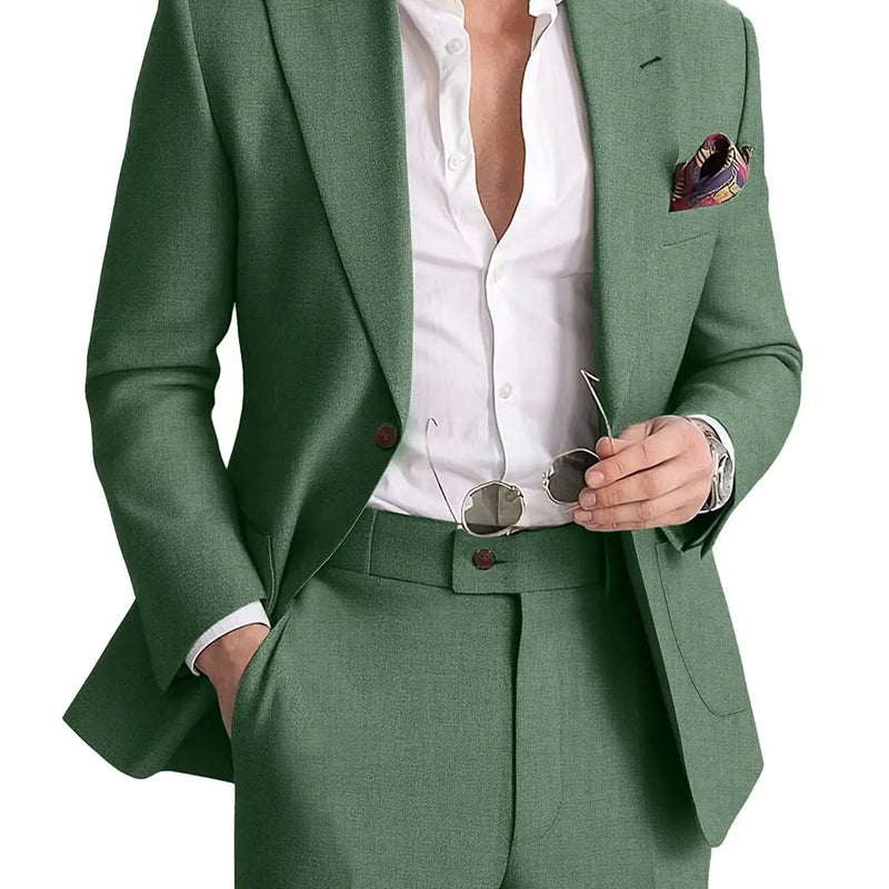Mens Linen Suit 2 Piece Casual Suits for Men Summer Beach Groom Wedding Suit Linen Blazer Pants Set