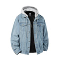Autumn Men's Green Hooded Denim Jacket, Detachable Hood, Available in Gray, Black, and Blue.