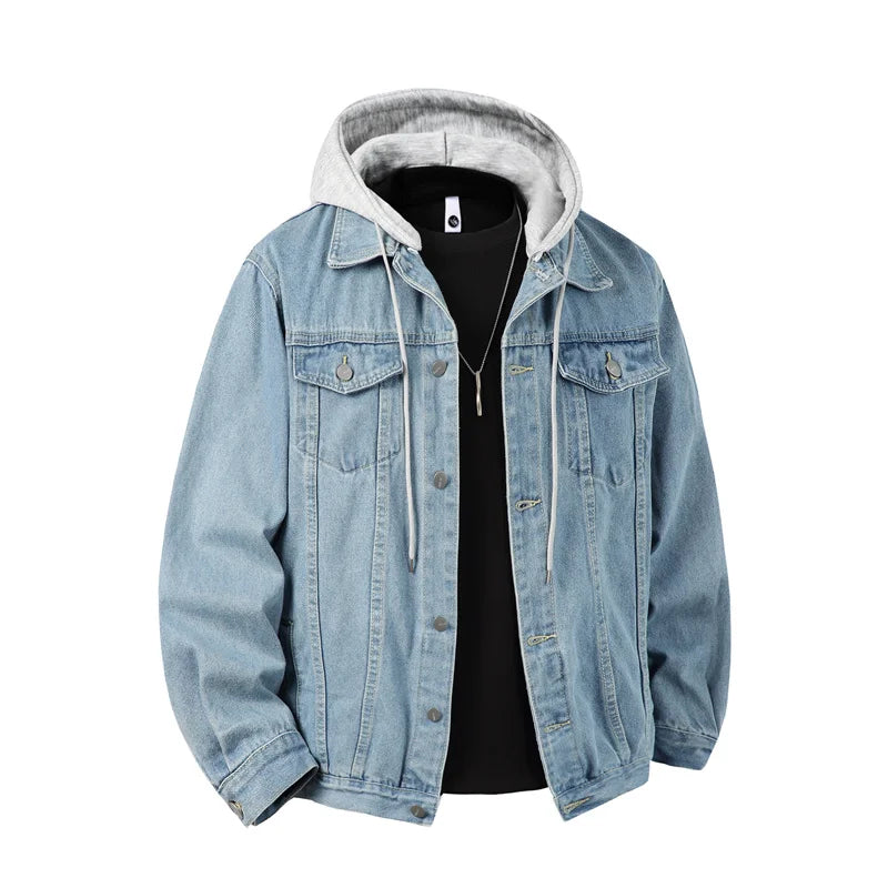 Autumn Men's Green Hooded Denim Jacket, Detachable Hood, Available in Gray, Black, and Blue.