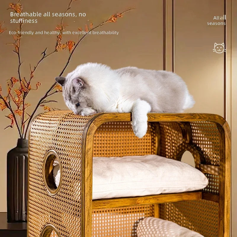 Double-Layer Wicker & Solid Wood Cat Bed for Cats and Small Dogs, Semi-Enclosed Large Cat Sofa, Indoor Pet Nest, Cat House