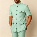 Mint Green Men's Suits Customzied Solid Color Short Sleeve Blazer Slim Fit 2 Piece Jacket Pants Outfist Costume Homme