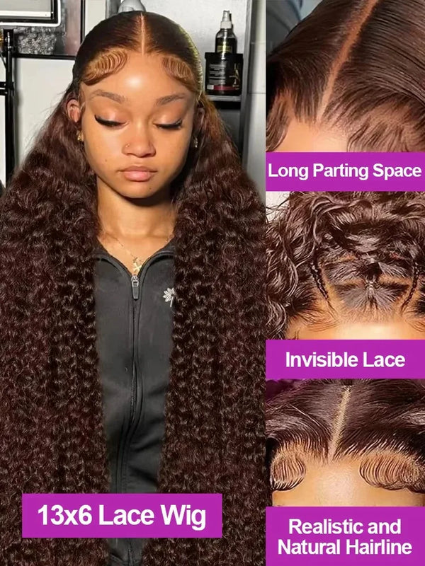 Chocolate Brown Deep Wave Frontal Wig Colored #4 Deep Curly Lace Front Human Hair Wigs Remy 13x4 HD Lace Frontal Wigs For Women
