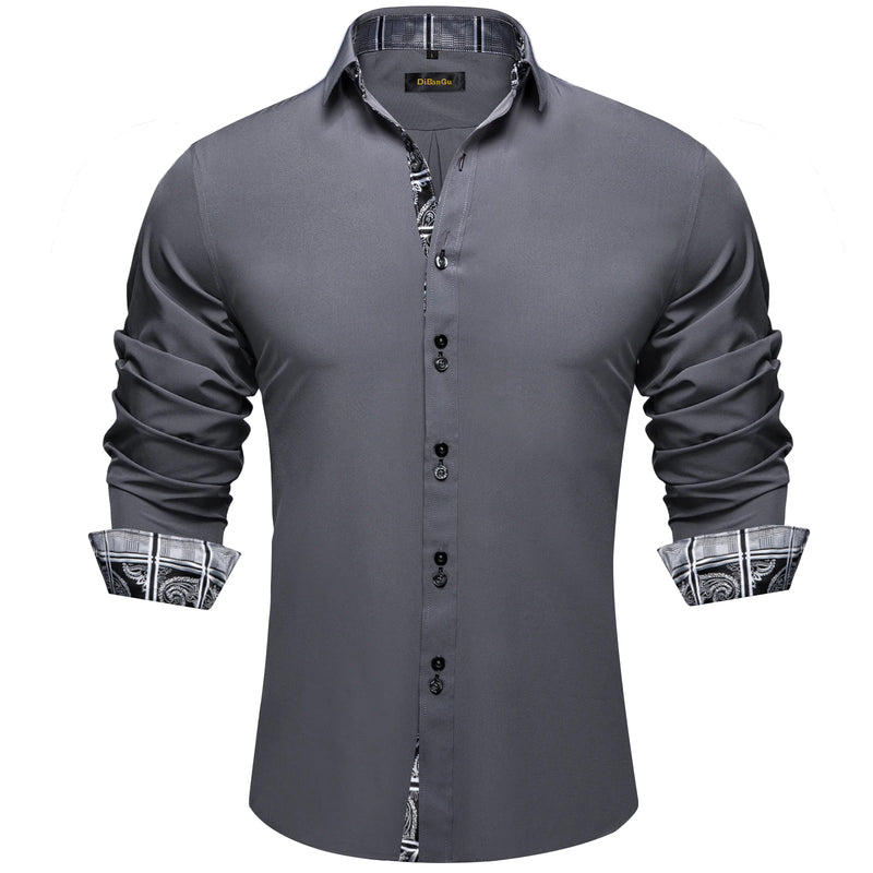 DiBanGu Men Shirt Long Sleeve Black Solid Red Paisley | SAMAG
