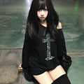 Seeslim Cross One-shoulder Graphic Hoodies Long Sleeve Black Women's Sweatshirts Harajuku Grunge 2000s Clothes Y2k Autumn Tops