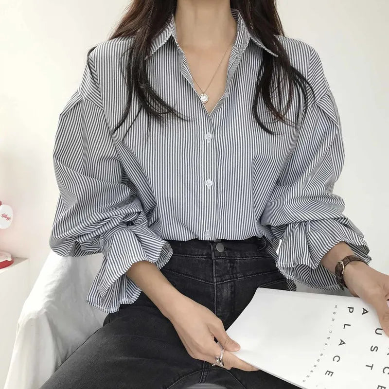 Women Blue Striped Blouses and Shirts Korean Style Y2k - View 5 | SAMAG