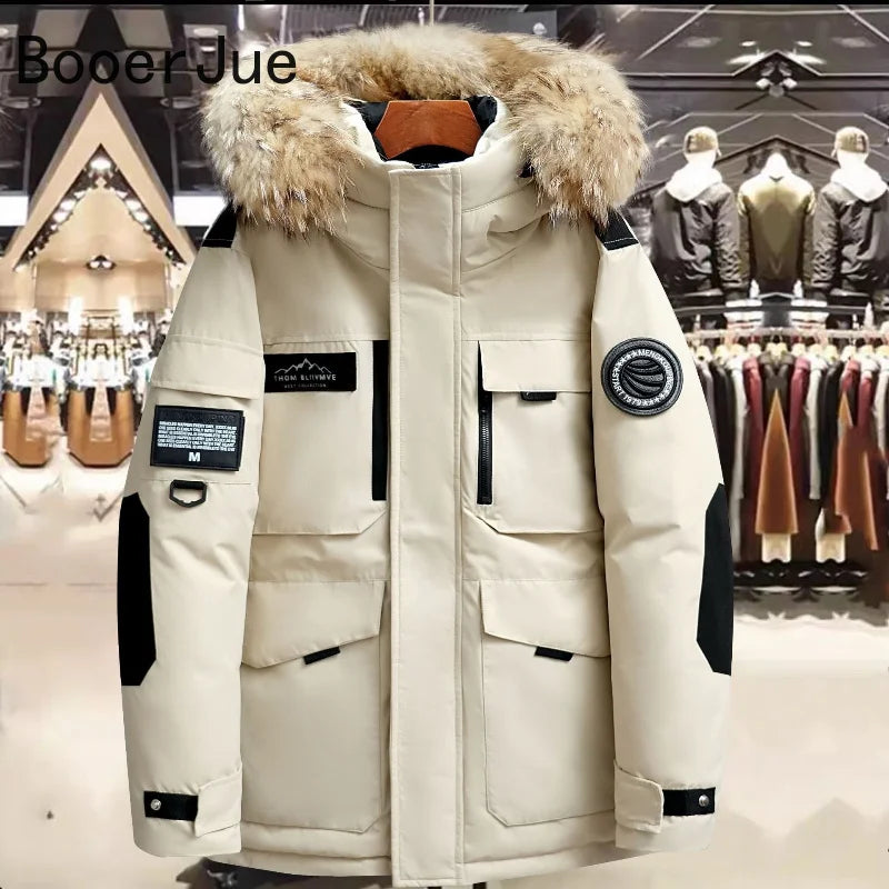 Outdoor Hiking Winter Mens Hooded Fur Collar Duck Coats Climbing Waterproof Coats Fashion Parkas Male Casual Warm Down Jackets