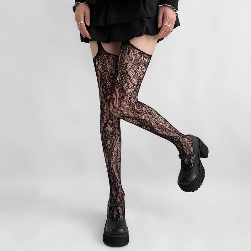 2025 New Sexy Lace Garter Belt Stocking Floral Pattern Thigh Highs Y2K Over Knee Sock Mesh Pantyhose for Women Lingerie Leggings