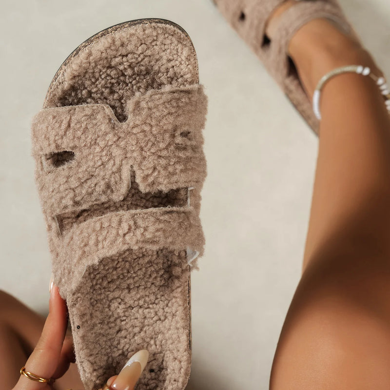 Autumn and Winter Women's Home Slippers, Soft-Soled Warm Slippers, Round-Toe Open-Toe Outdoor Fashion Fur Slippers, Home Slippers with Widened Straps, Soft and Skin-Friendly Faux Fur Slippers, Adjustable Sandals | Cork Soles