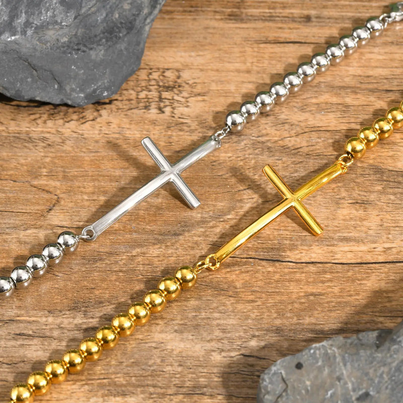 Vnox Simple Big Cross Bracelets with Glossy Stainless Steel Beads Adjustable Beaded Chain Men Religious - Visuel 4 | SAMAG