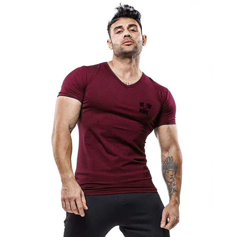Summer Men Gym Bodybuilding Casual Short Sleeve Compression V-neck  Cotton Breathable Basketball Training  Pumping iron T-shirts