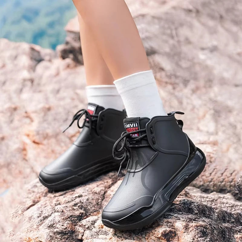 Men Rain Boots Outdoor Work Boots New Fashion Waterproof Fishing Shoes Platform Non-slip Rubber Shoes Lace-up Couple Rain Shoes