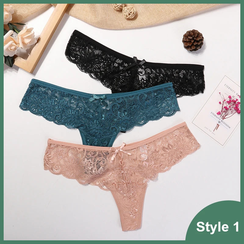 3 Pcs Woman Panties Sexy Lace Thong Underwear Lingerie Female T-back Temptation Low Waist Women Transparent G String