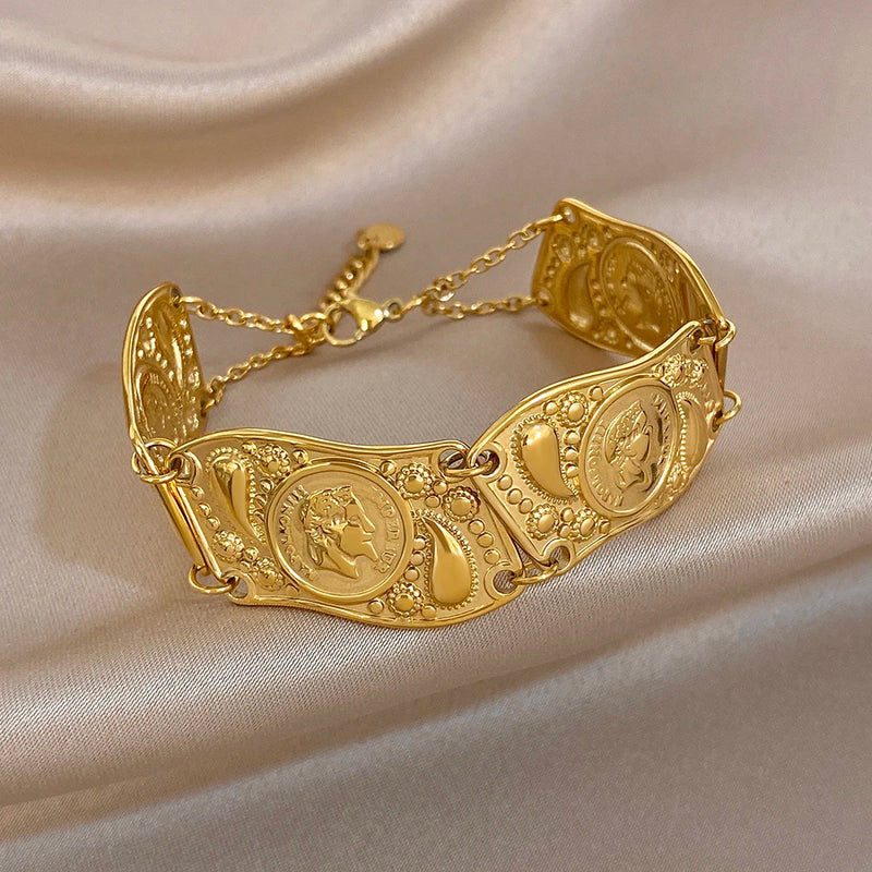 Vintage Gold Plated Stainless Steel Coins Wrist Bracelet for Women Men Classic Ethnic Cuff Bracelets Waterproof Jewelry