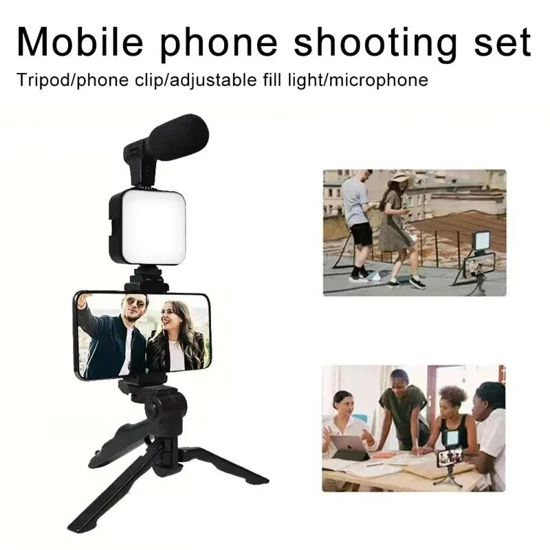 Smartphone Vlogging Kit With Tripod Phone Holder Mini Mic LED Fill Light Starter For Live Stream Video YouTube