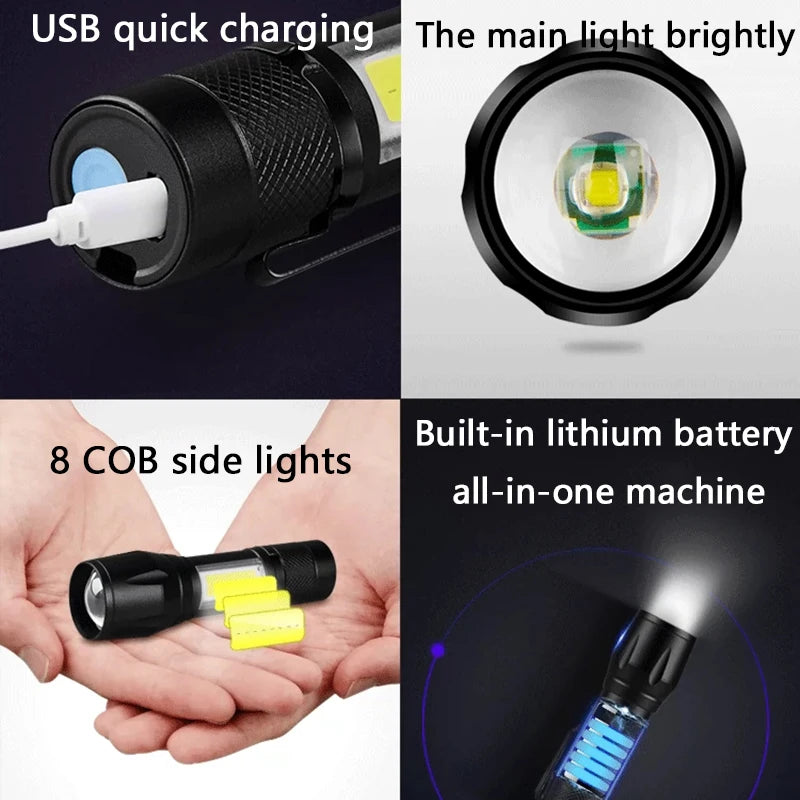 USB Rechargeable Mini Flashlight LED Flashlight COB+XPE Portable Torch Camping Lantern Zoomable Focus Light Flashlight With Clip
