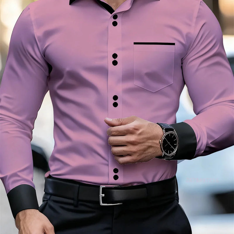 Men's Business Color Block Collar Long Sleeve Shirt, Slim | SAMAG