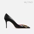 HLTINO Fashion Black Matte Finish High Heels with Buckle Women Classic Pumps Sexy Dress Shoes Party Stilettos for Spring Summer
