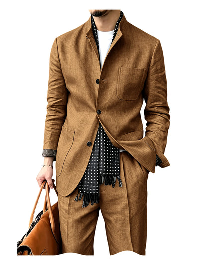 Men's Linen Blend Suit Set Stand Collar Three Button | SAMAG