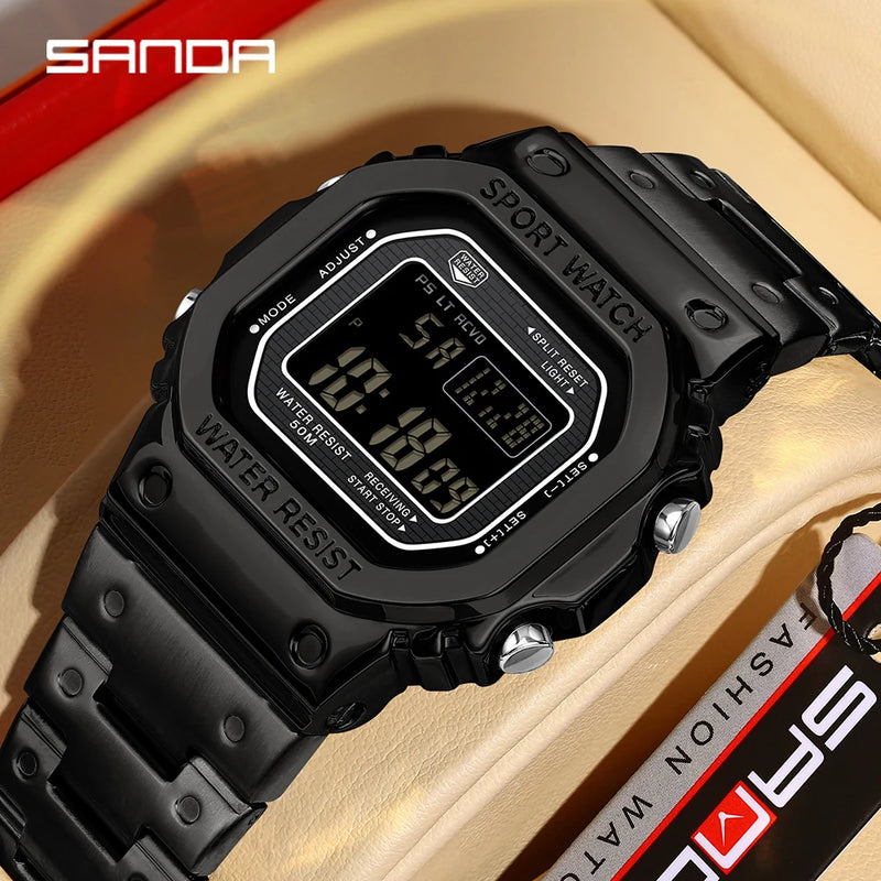 SANDA 2162 Men's Electronic Watch Square Waterproof Multi Functional Wrist Watch Square Fashion Night Light Steel Digit Watches