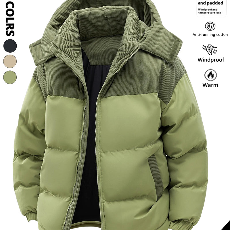 Men's Hooded Cotton Jacket, Thickeneded and Warm in Winter, Windproof and Cold-Resistant, Simple and Versatile for Work Clothing