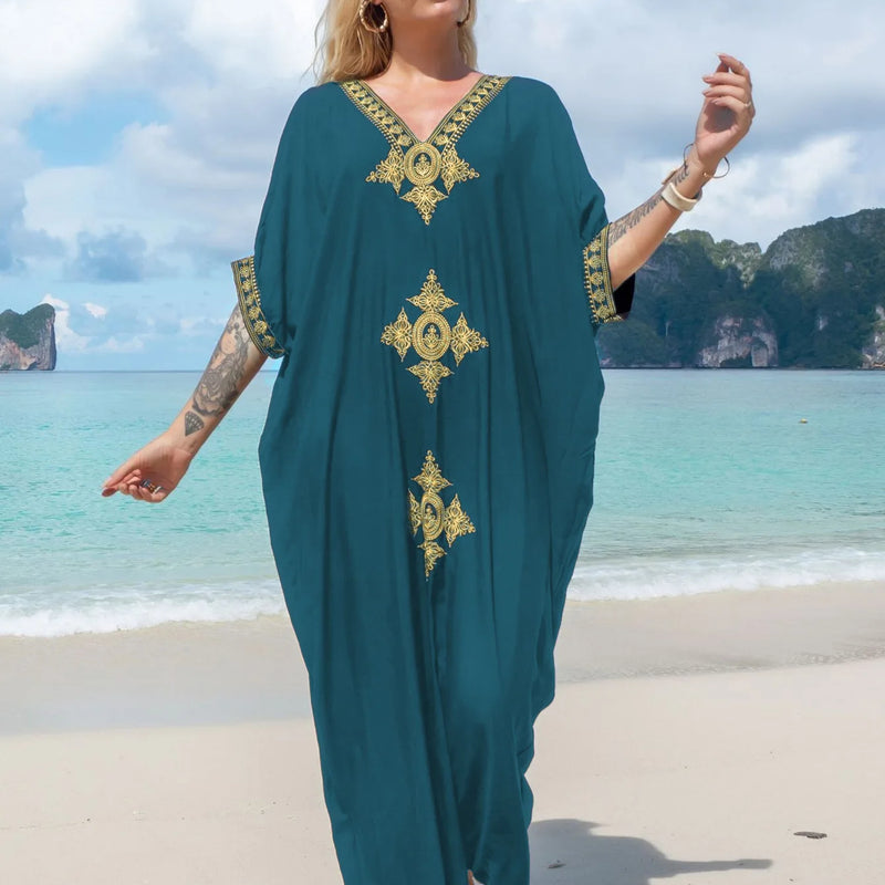 Women's Clothing Gold Embroidery Long Kaftan Dresses V Neck Caftan Dress Beach Cover Ups Tunic Maxi Dress
