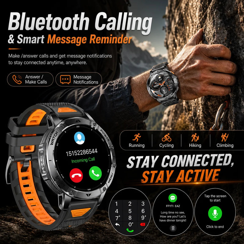 Military Grade Alloy Smartwatch 1400mAh Long Standby Waterproof SOS Emergency Flashlight BT Call Outdoor Sports Watch For Men