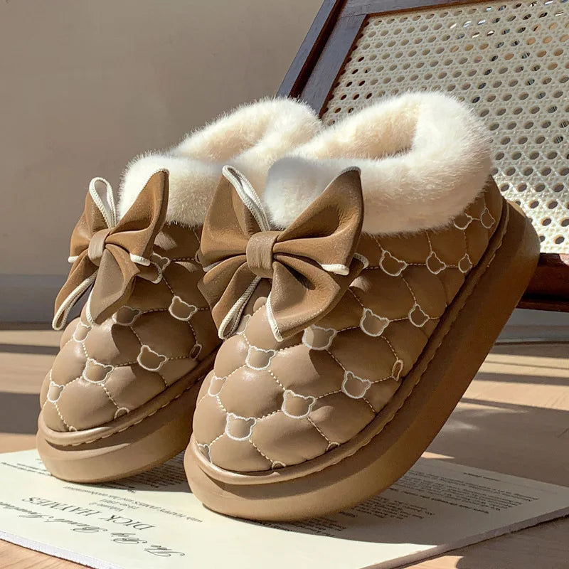 Platform Ankle Boots Female Bowknot Luxury Designer Indoor Fluffy Women's Slippers Trend Winter Snow Booties Flat Plush Footwear