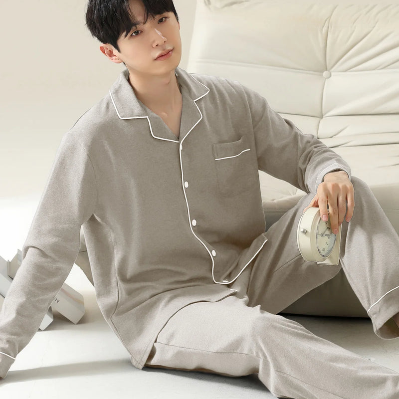 Men's 100% cotton long sleeved four season plus size men's sleepwear, teenage pure cotton home suit set for warmth