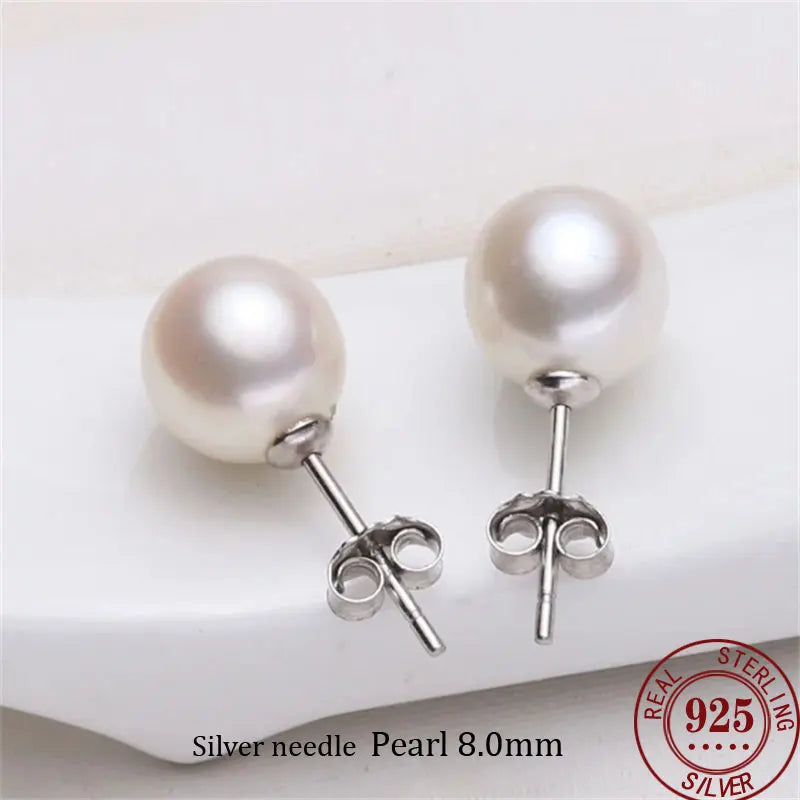 Senlissi- Wholesale Natural White 8-14mm Freshwater White Pearl and 925 Sterling Silver Stud Earrings for Women One Pair