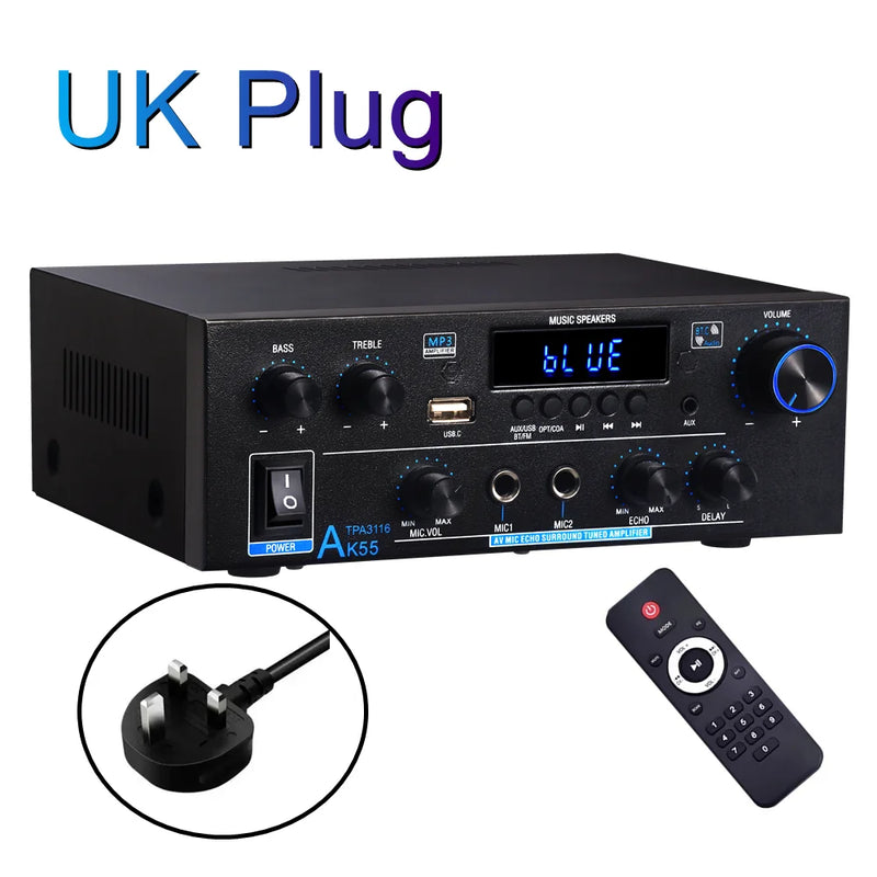 Woopker Digital Amplifier AK55 Audio Bass Audio Power Bluetooth Home Amplifier Hifi FM Auto Music Subwoofer Speakers USB SD Mic