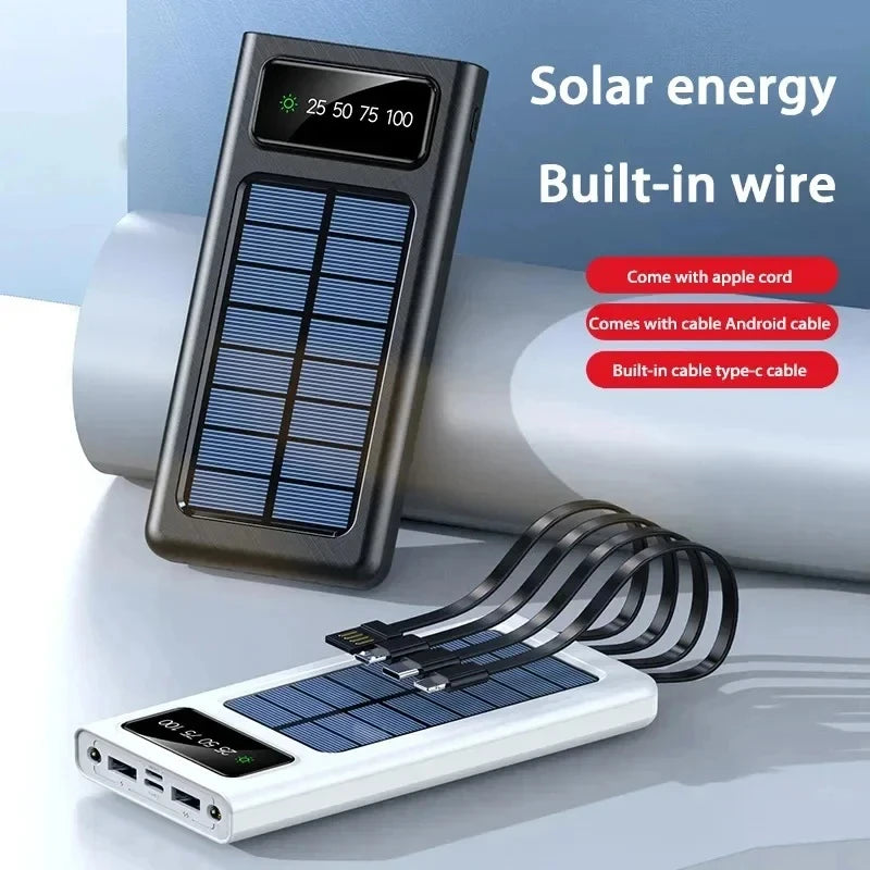 Portable Solar Charger Power Bank High Capacity External Rechargeable Solar Battery With 4 Cables For iPhone Samsung 2026