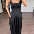Laru Women Satin 2 Piece Outfit U Neck Corset Tank Top High Waist Harem Baggy Pants Elegant Party Daily Matching Suit