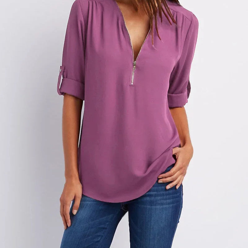 Women Cool Loose Shirt Deep V Neck Chiffon Fashion Blouse - View 18 | SAMAG