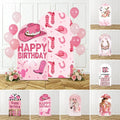 Cowgirl Pink Arch Backdrop Birthday Party Photo Background Kids Western Theme Decor Horse Shoe Boots Hat Pattern Celebration Bac